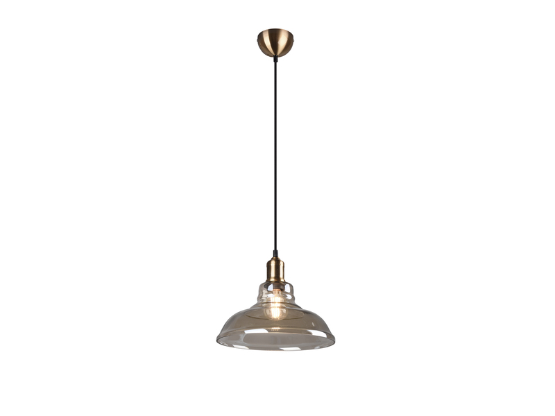 Pendelleuchte ALDO 1-flammig Altmessing Glaslampenschirm in Rauchfarbig, Ø 28cm