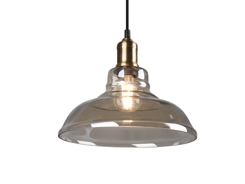Pendelleuchte ALDO 1-flammig Altmessing Glaslampenschirm in Rauchfarbig, Ø 28cm