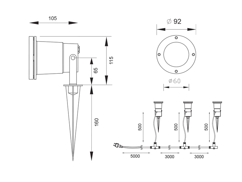 3-er SET Gartenstrahler UBANGI mit Erdspieß Anschlußkabel & Stecker, Länge 11,5m