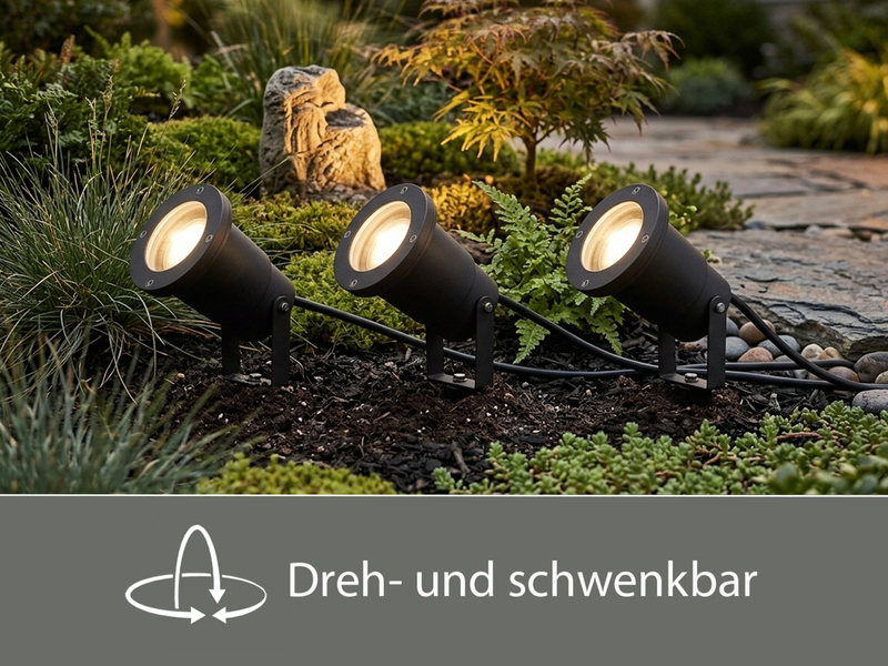 3-er SET Gartenstrahler UBANGI mit Erdspieß Anschlußkabel & Stecker, Länge 11,5m