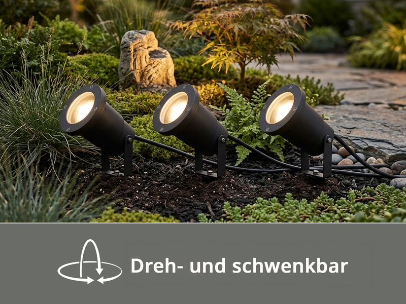 3-er SET Gartenstrahler UBANGI mit Erdspieß Anschlußkabel & Stecker, Länge 11,5m