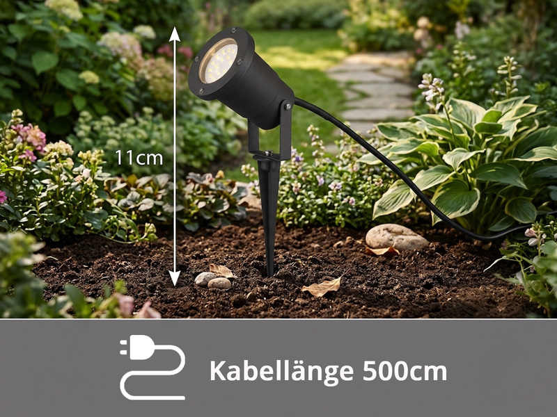 3-er SET Gartenstrahler UBANGI mit Erdspieß Anschlußkabel & Stecker, Länge 11,5m