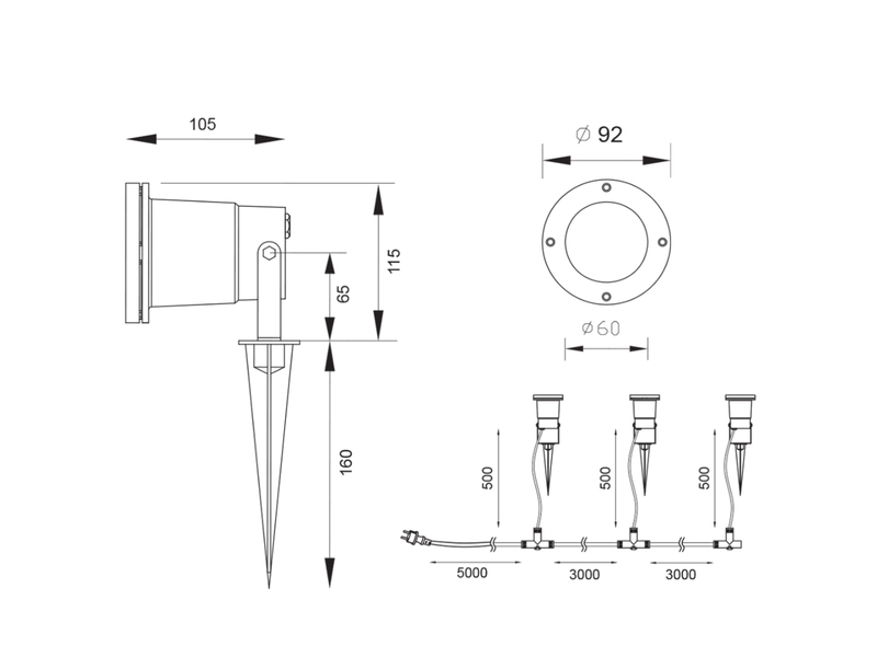 3-er SET Gartenstrahler UBANGI mit Erdspieß Anschlußkabel & Stecker, Länge 11,5m