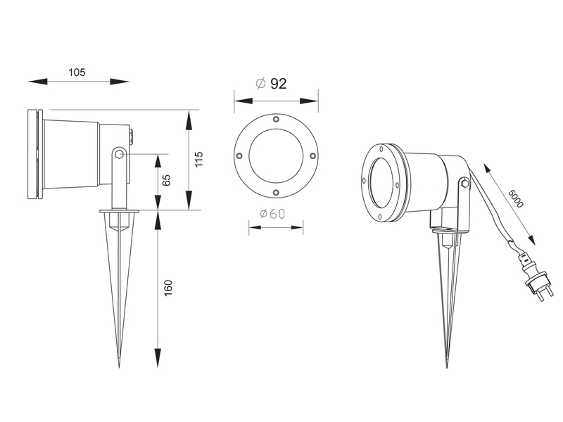 Gartenstrahler mit Erdspieß, 5m Anschlußkabel, Stecker & GU10 LED Ø 9cm