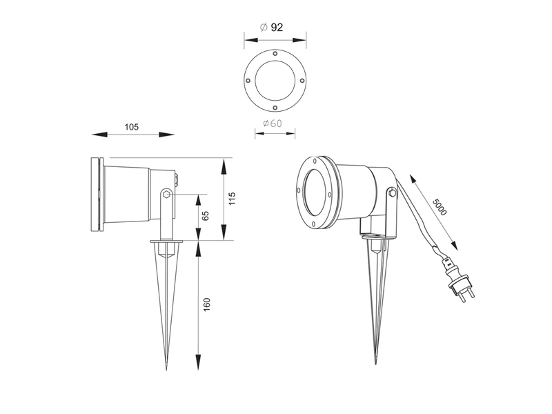 Gartenstrahler mit Erdspieß, 5m Anschlußkabel, Stecker & GU10 LED Ø 9cm
