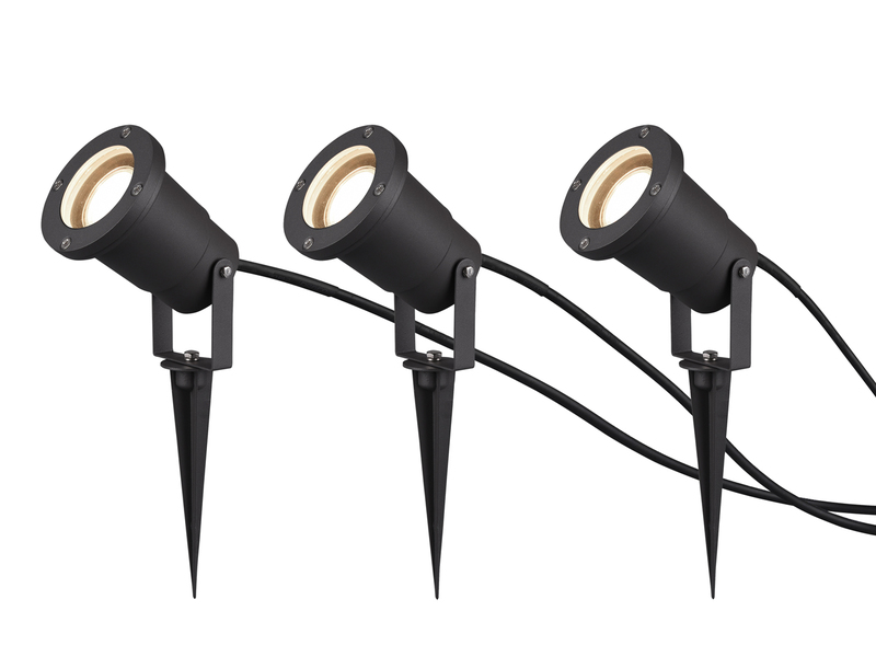 3-er SET Gartenstrahler mit Erdspieß, Anschlusskabel, Stecker & GU10 LED