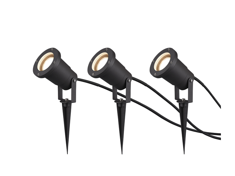 3-er SET Gartenstrahler mit Erdspieß, Anschlusskabel, Stecker & GU10 LED