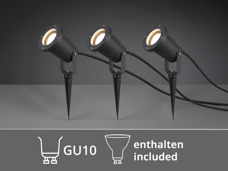 3-er SET Gartenstrahler mit Erdspieß, Anschlusskabel, Stecker & GU10 LED