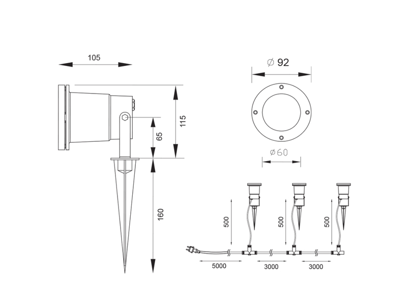 3-er SET Gartenstrahler mit Erdspieß, Anschlusskabel, Stecker & GU10 LED