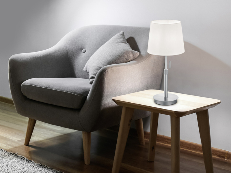 Tischlampe höhenverstellbar, Silber mit Stoffschirm inkl. E27 LED max. Höhe 56cm