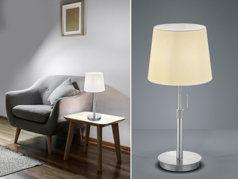Tischlampe höhenverstellbar, Silber mit Stoffschirm inkl. E27 LED max. Höhe 56cm Tischlampe höhenverstellbar, Silber mit Stoffschirm inkl. E27 LED max. Höhe 56cm