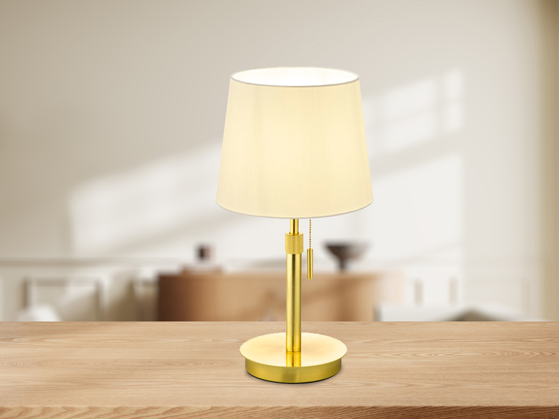 Tischlampe höhenverstellbar Messing mit Stoffschirm inkl. E27 LED max. Höhe 56cm