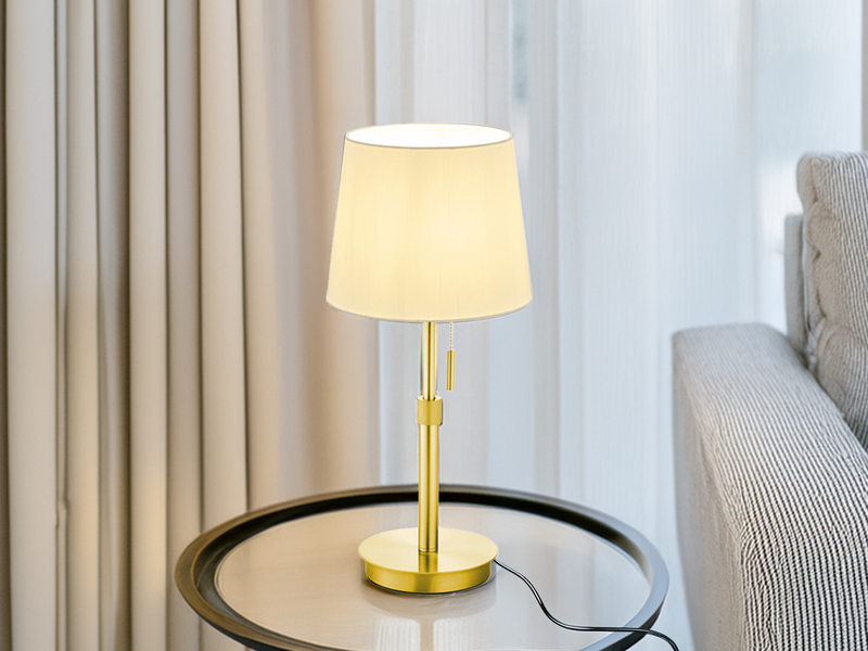 LED Tischleuchte Messing mit Stoffschirm Weiß, Höhe 45-56cm verstellbar