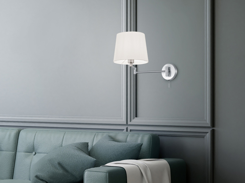 Wandleuchte mit Schalter, Schwenkarm & E27 LED Silber Stoff Weiß, Höhe 32,5cm
