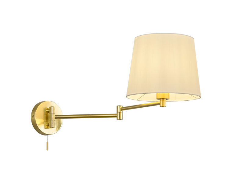 Wandleuchte mit Schalter, Schwenkarm & E27 LED Messing Stoff Weiß, Höhe 32,5cm