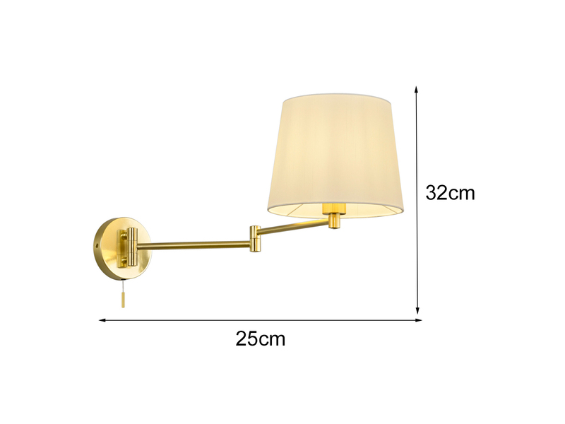 Wandleuchte mit Schalter, Schwenkarm & E27 LED Messing Stoff Weiß, Höhe 32,5cm