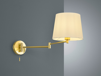 Wandleuchte mit Schalter, Schwenkarm & E27 LED Messing Stoff Weiß, Höhe 32,5cm