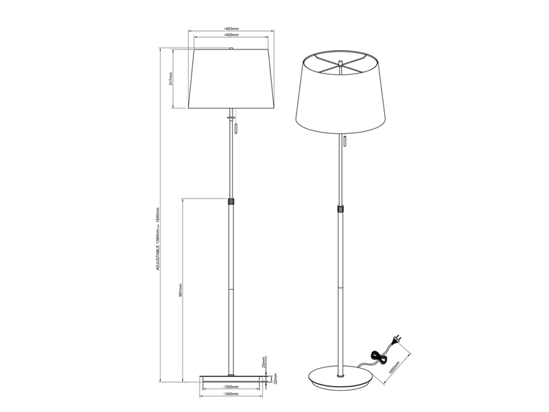 LED Stehleuchte Silber mit Stoffschirm Weiß, höhenverstellbar 138 - 180cm