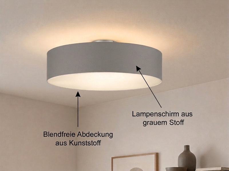Runde zeitlose Deckenleuchte CALMA mit Stoffschirm in Braun-Grau Ø 60cm