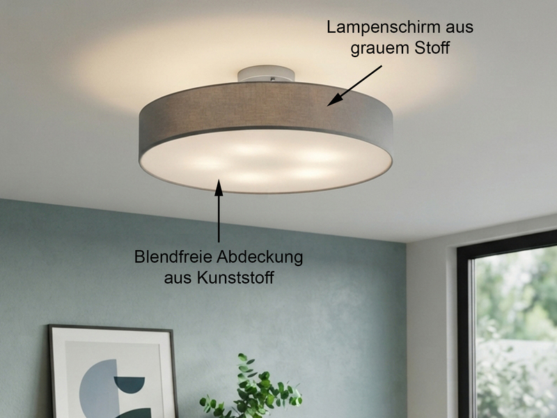 Runde zeitlose Deckenleuchte CALMA mit Stoffschirm in Grau Ø 60cm
