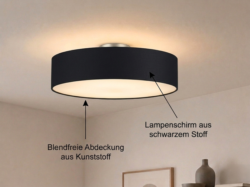 Runde zeitlose Deckenleuchte CALMA mit Stoffschirm in Schwarz Ø 60cm