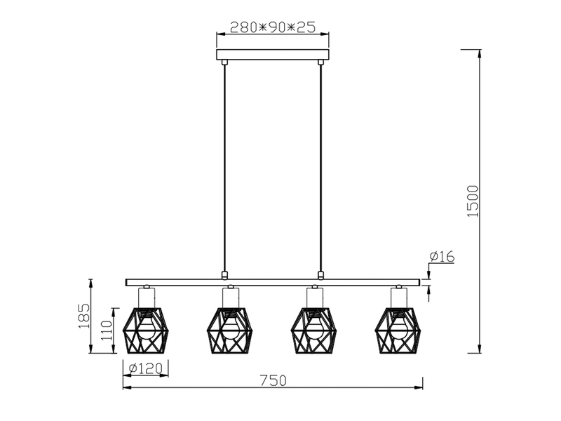 Pendelleuchte NARDA Industrial 4-flammig Schwarz Metall, Breite 75cm