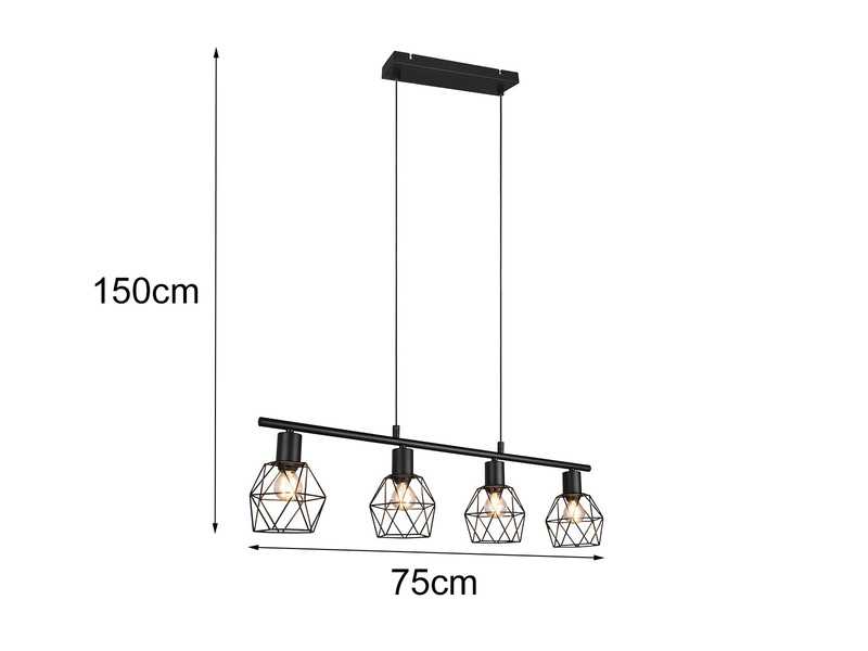 Pendelleuchte NARDA Industrial 4-flammig Schwarz Metall, Breite 75cm