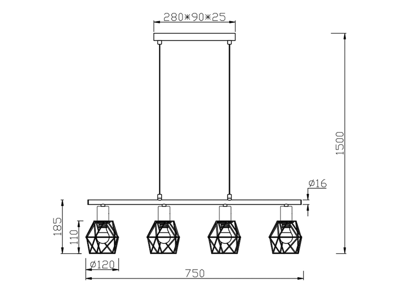 Industrial Pendelleuchte NARDA 4-flammig Metall Schwarz, Breite 75cm