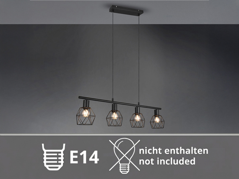 Industrial Pendelleuchte NARDA 4-flammig Metall Schwarz, Breite 75cm