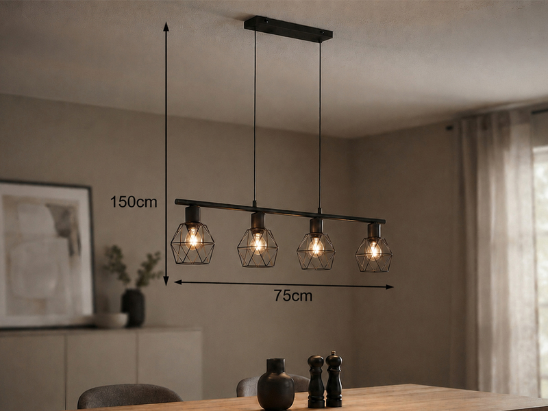 Industrial Pendelleuchte NARDA 4-flammig Metall Schwarz, Breite 75cm