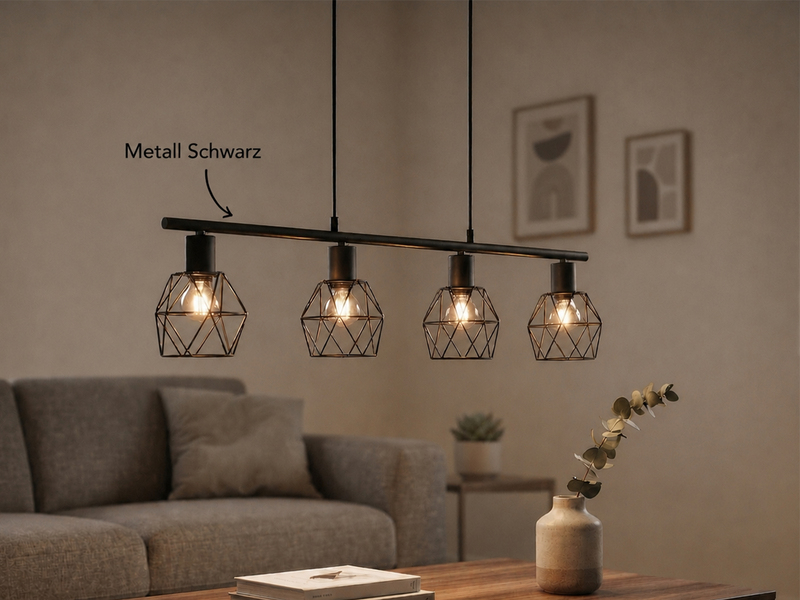 Industrial Pendelleuchte NARDA 4-flammig Metall Schwarz, Breite 75cm