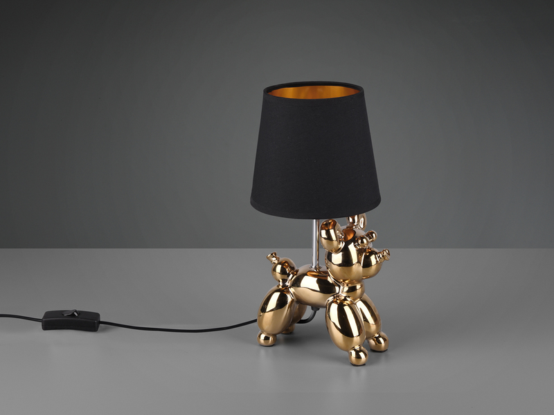 Coole Tischleuchte BELLO Keramik Hund Gold mit Stoffschirm in Schwarz Höhe 33cm