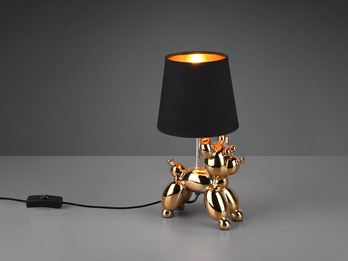 Coole Tischleuchte BELLO Keramik Hund Gold mit Stoffschirm in Schwarz Höhe 33cm