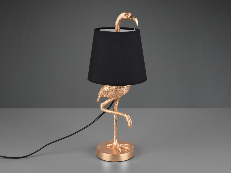 Retro Tischleuchte LOLA Flamingo Gold mit Stoffschirm in Schwarz, Höhe 42cm