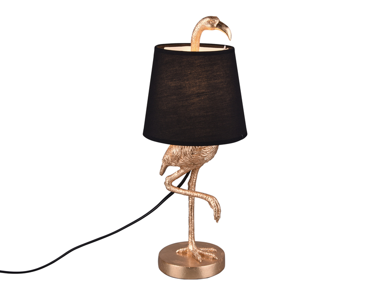 Retro LED Tischleuchte Flamingo Gold mit Stoffschirm in Schwarz, Höhe 42cm