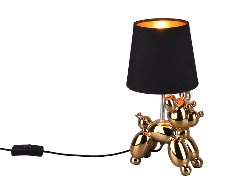 Coole LED Tischleuchte Keramik Hund Gold mit Stoffschirm in Schwarz Höhe 33cm