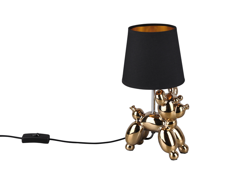 Coole LED Tischleuchte Keramik Hund Gold mit Stoffschirm in Schwarz Höhe 33cm