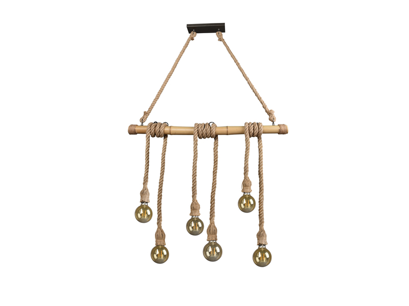 Holzbalken Pendelleuchte WILMA 6-flammig mit Bambusrohr & Tau, Breite 100cm