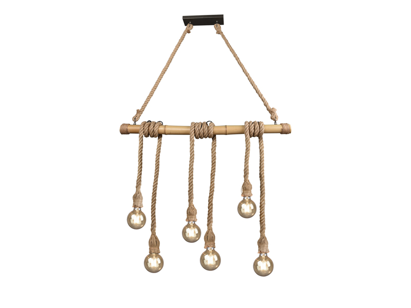 LED Holzbalken Pendelleuchte 6-flammig mit Bambusrohr & Tau, Breite 100cm