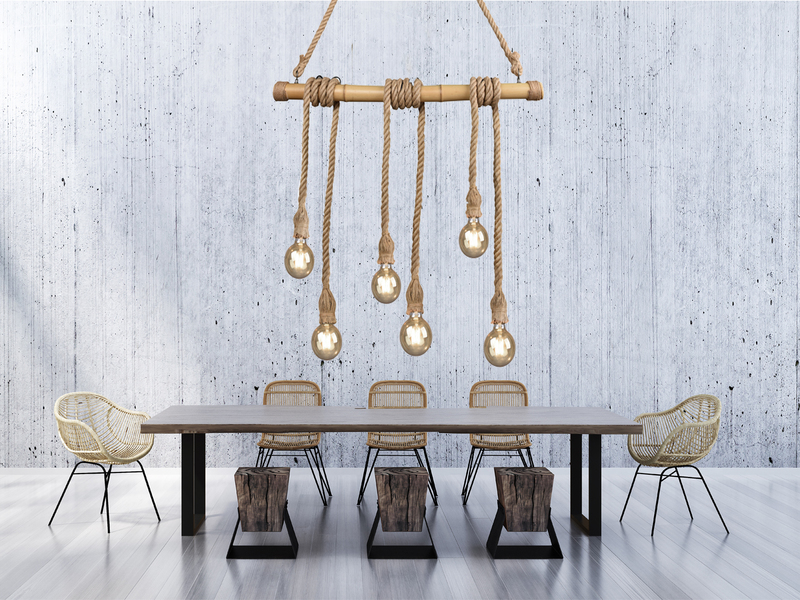 LED Holzbalken Pendelleuchte 6-flammig mit Bambusrohr & Tau, Breite 100cm