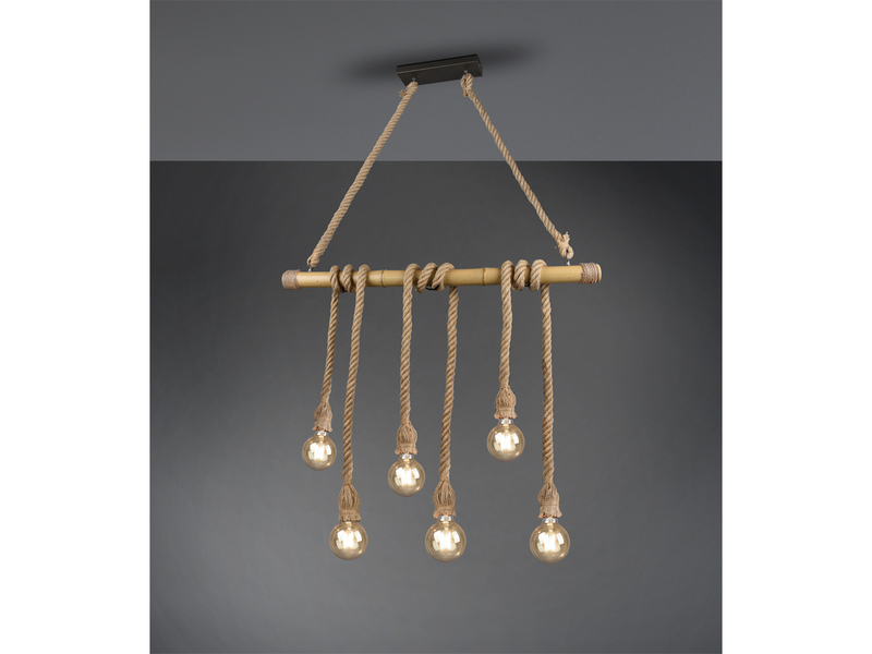 LED Holzbalken Pendelleuchte 6-flammig mit Bambusrohr & Tau, Breite 100cm
