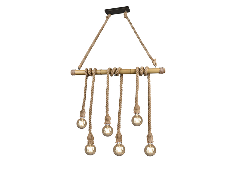 LED Holzbalken Pendelleuchte 6-flammig mit Bambusrohr & Tau, Breite 100cm