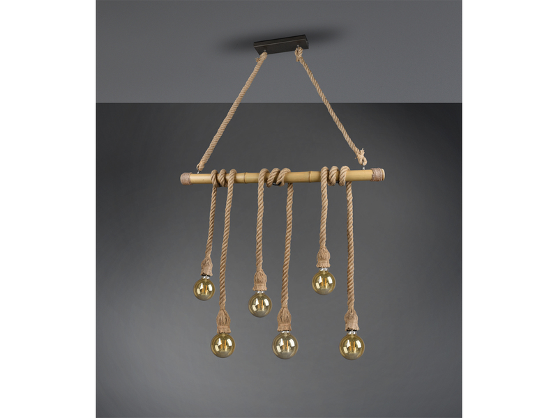 LED Holzbalken Pendelleuchte 6-flammig mit Bambusrohr & Tau, Breite 100cm