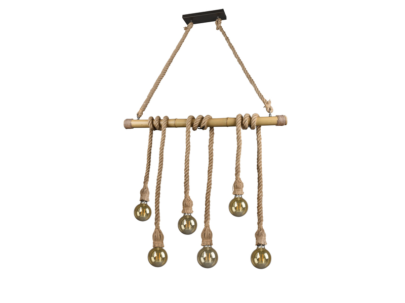 LED Holzbalken Pendelleuchte 6-flammig mit Bambusrohr & Tau, Breite 100cm