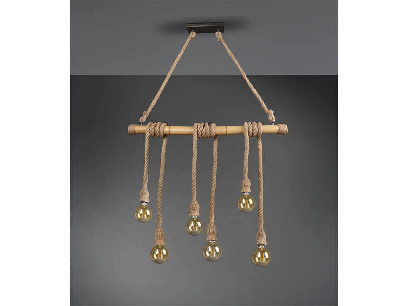 LED Holzbalken Pendelleuchte 6-flammig mit Bambusrohr & Tau, Breite 100cm