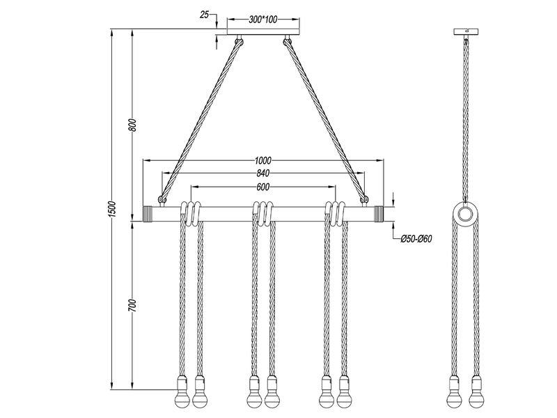 LED Holzbalken Pendelleuchte 6-flammig mit Bambusrohr & Tau, Breite 100cm