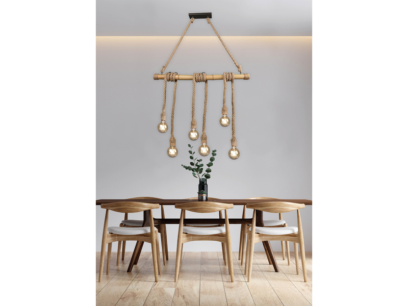 LED Holzbalken Pendelleuchte 6-flammig mit Bambusrohr & Tau, Breite 100cm