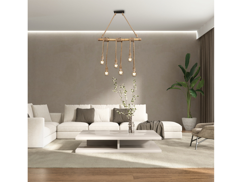 LED Holzbalken Pendelleuchte 6-flammig mit Bambusrohr & Tau, Breite 100cm