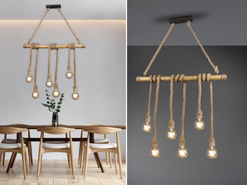LED Holzbalken Pendelleuchte 6-flammig mit Bambusrohr & Tau, Breite 100cm