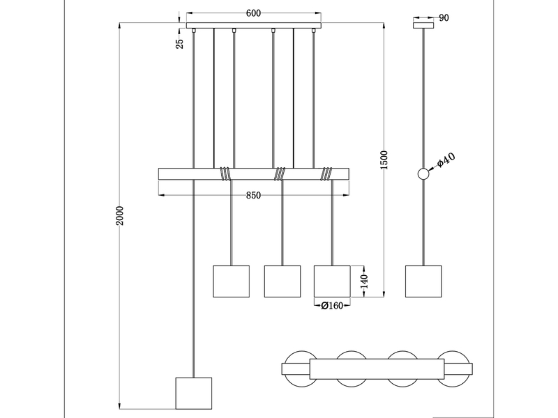 Ausgefallene LED Balken Pendelleuchte 4 flammig mit Holzbalken 85cm lang